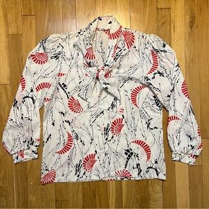 Vintage 70s Floral White Button Down Long Sleeve Blouse Womens Large